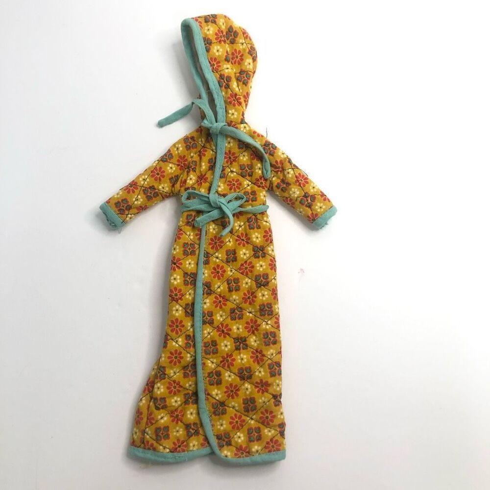 fashion doll 60s 70s robe quilted‎ flower power blue teal trim hooded handmade?